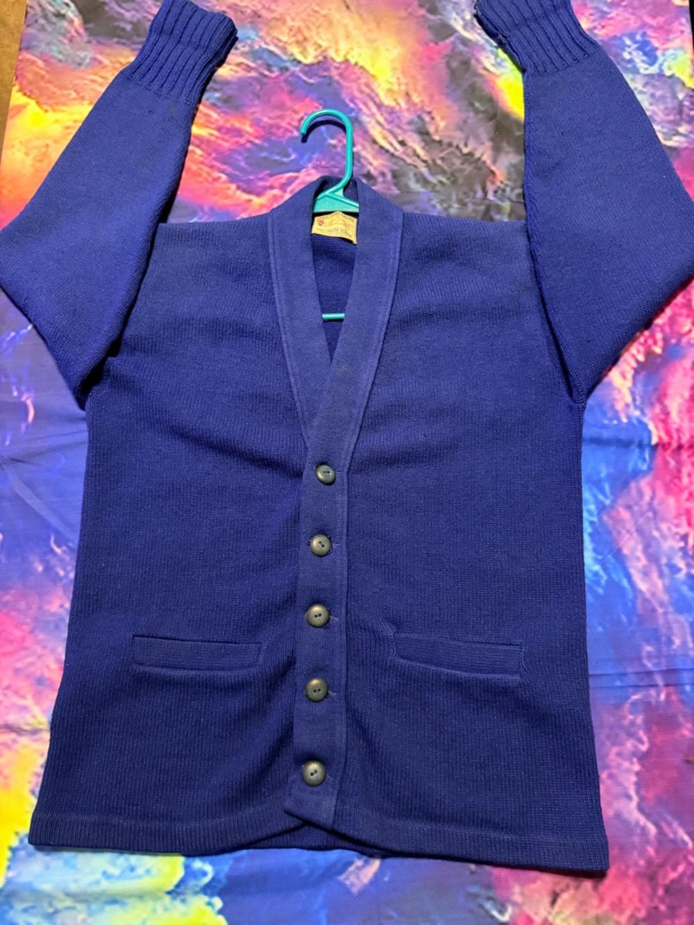 Men's Deep Blue Button-Up Shawl Collar Sweater Cardigan from 60’s